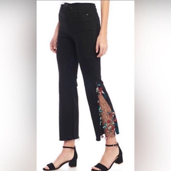 We The Free People JEANS NIGHT SHADE BLACK FLORAL EMBROIDERED Flare WESTERN 26 - Picture 4 of 6